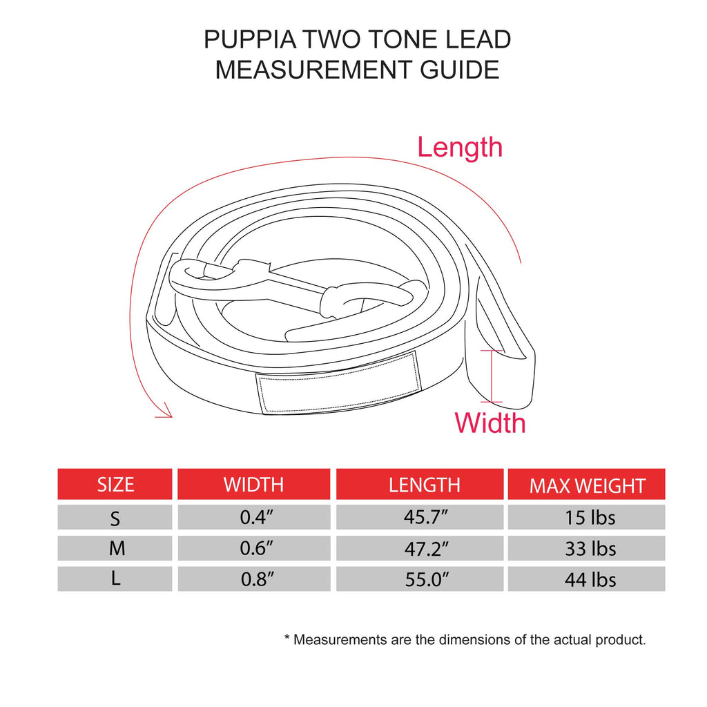 Two Tone Dog Leash size and measurement guide for sizes S, M, and L