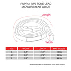 Two Tone Dog Leash size and measurement guide for sizes S, M, and L