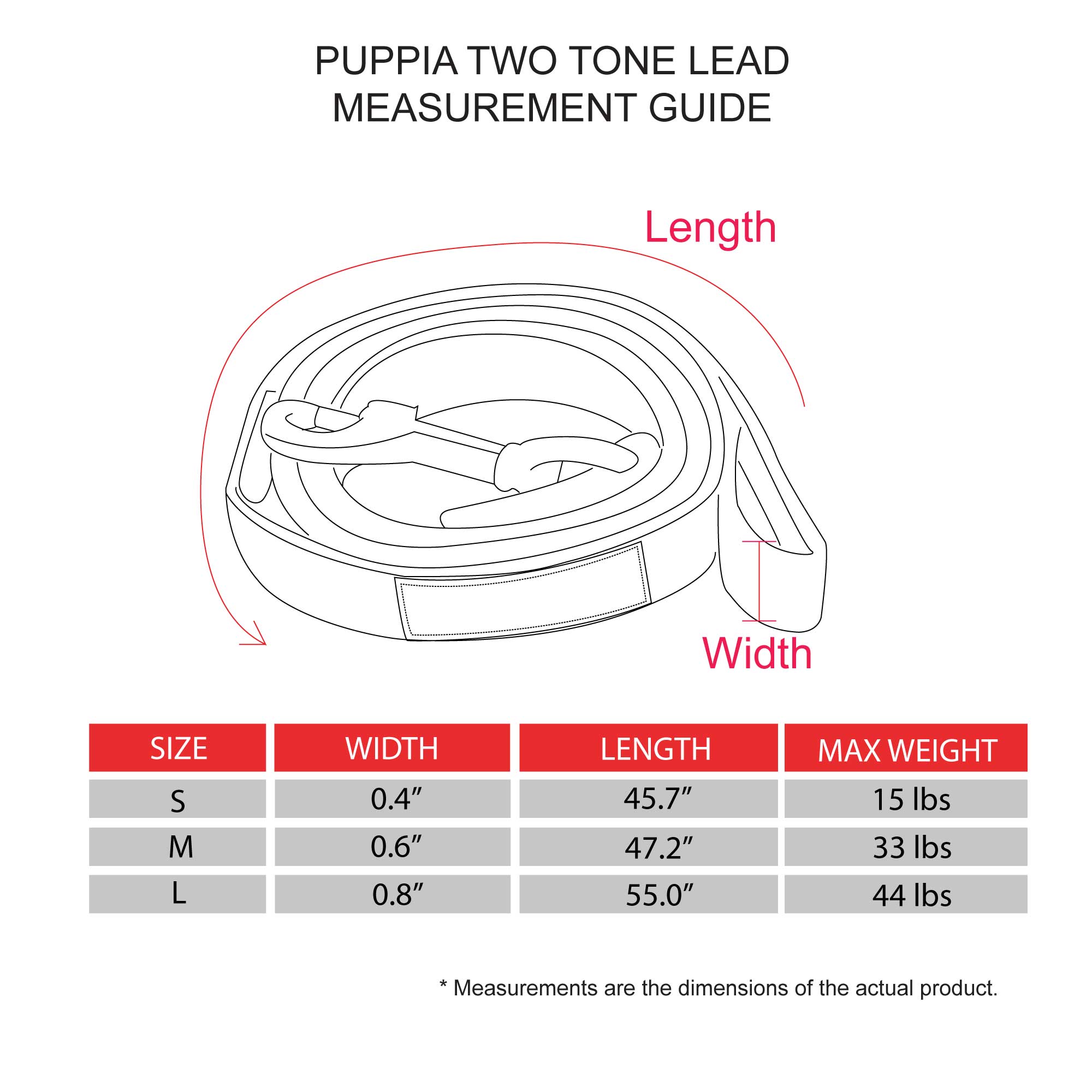 Two Tone Dog Leash size and measurement guide for sizes S, M, and L