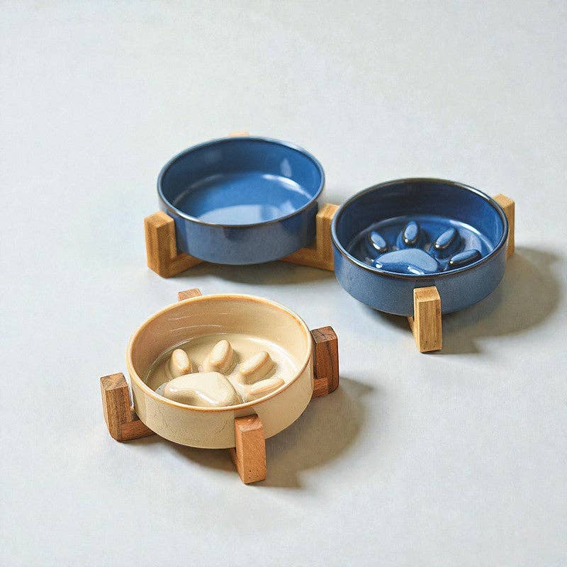 Ceramic Slow Feeder Bowl for cats and dogs on wooden stand, kiln-glazed finish