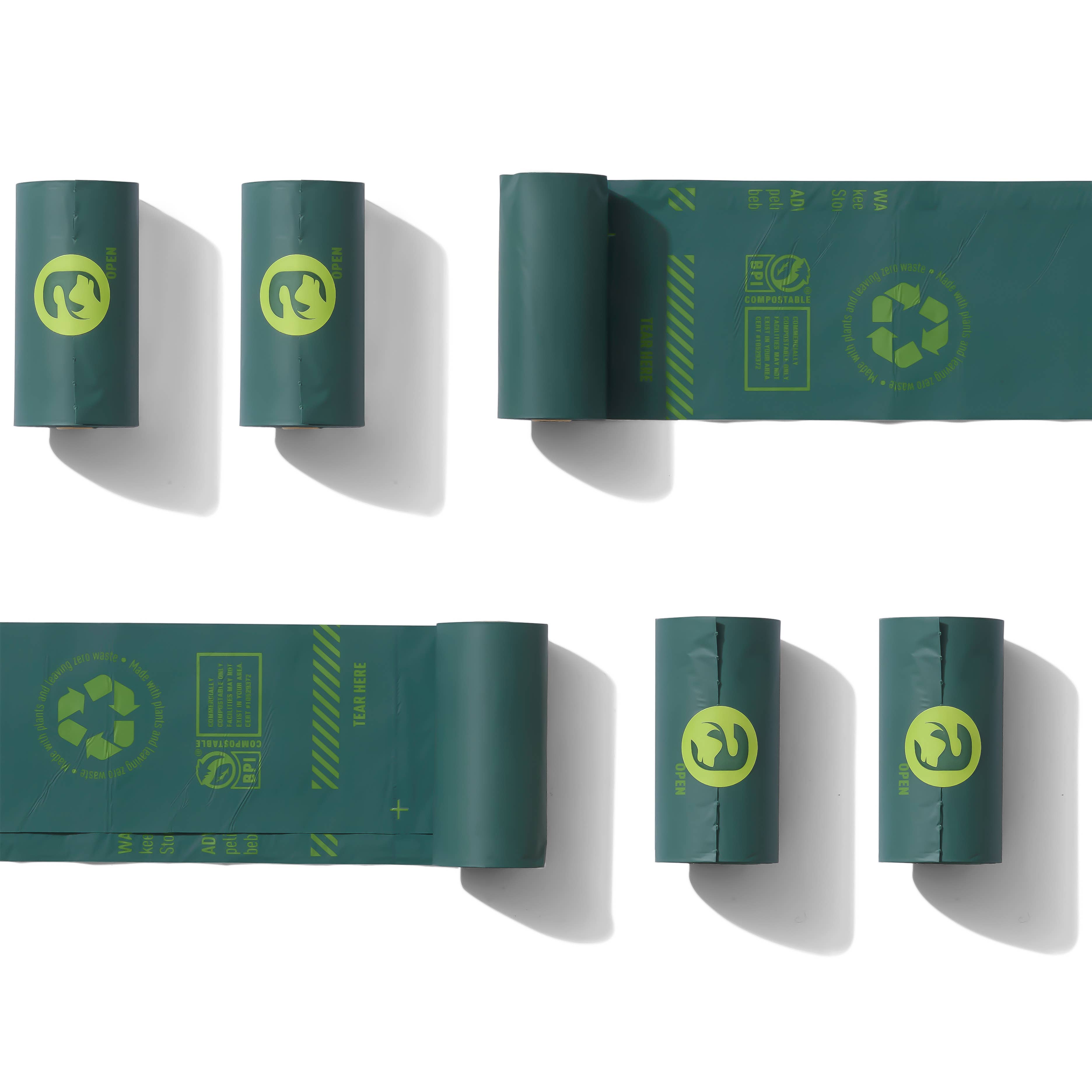 Compostable dog poop bags unrolled showing perforated bags and compostable icons