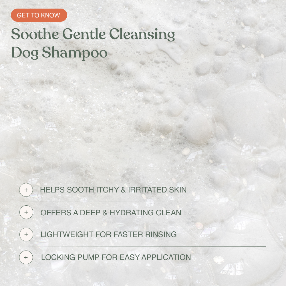 Soothe Gentle Dog Shampoo benefits - soothes itchy skin, deep hydrating clean, easy pump application