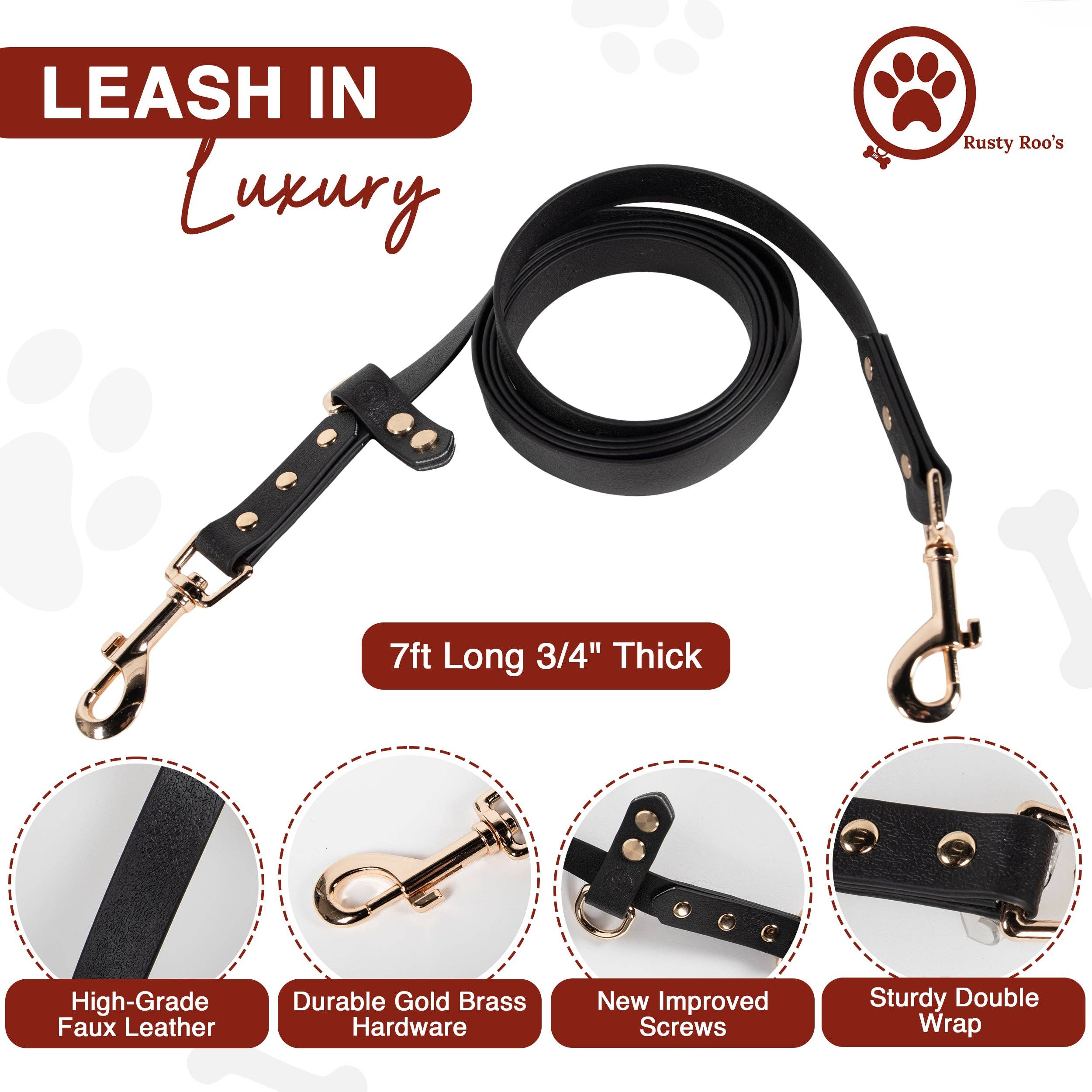 The Tank hands-free dog leash specs - 7ft long, 3/4 inch thick, faux leather with gold brass hardware