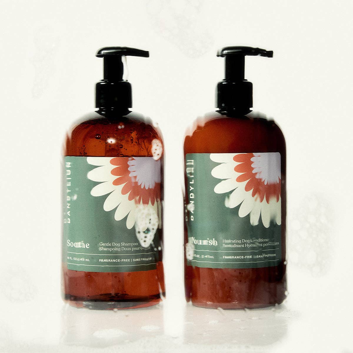 Dandylion Soothe Dog Shampoo and Nourish Conditioner bottles together
