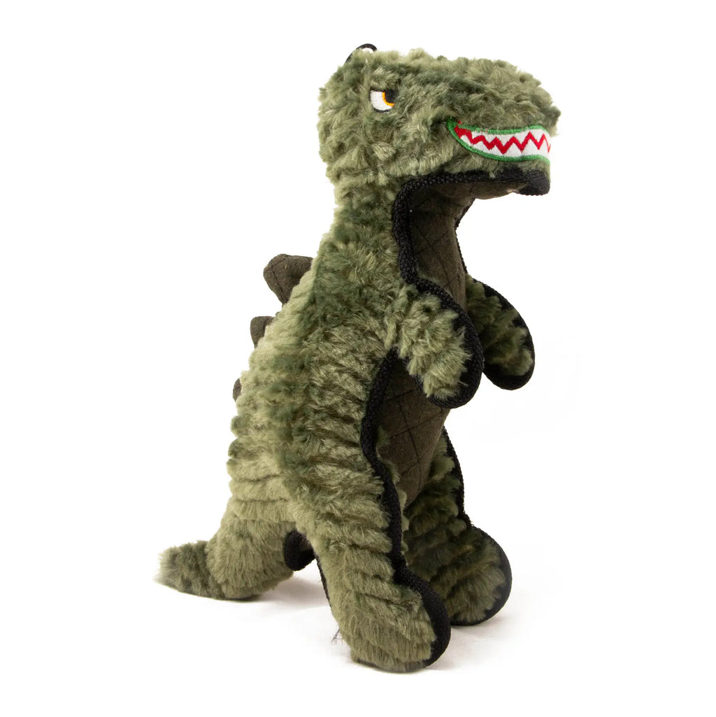 Dino T-Rex plush dog toy with tennis ball inside