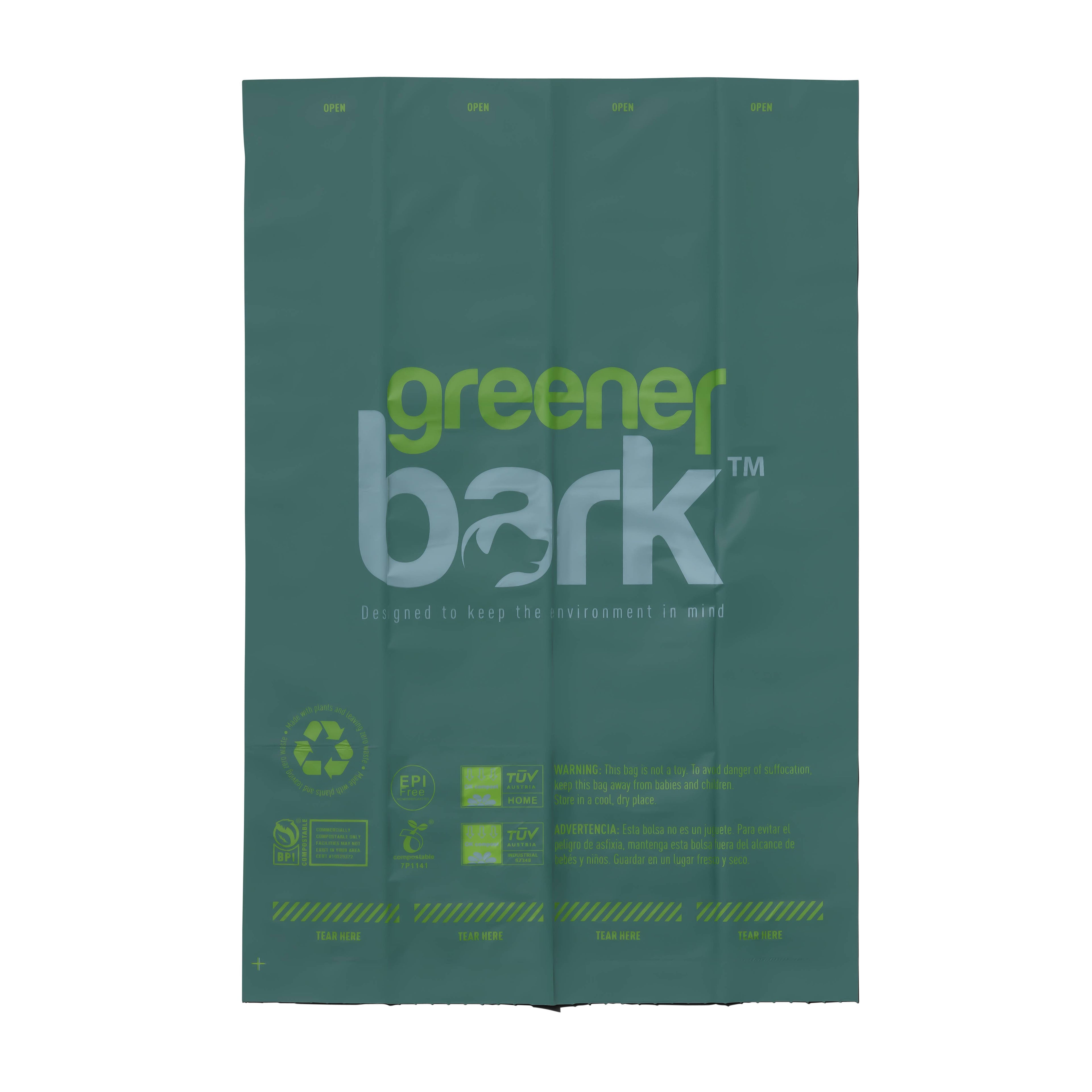 Greener Bark compostable dog poop bag showing certification badges and print