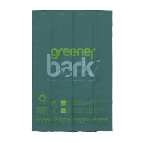Greener Bark compostable dog poop bag showing certification badges and print