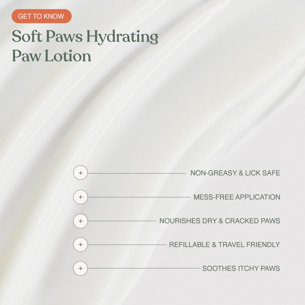 Soft Paws Hydrating Paw Lotion benefits - non-greasy, lick safe, refillable and travel friendly